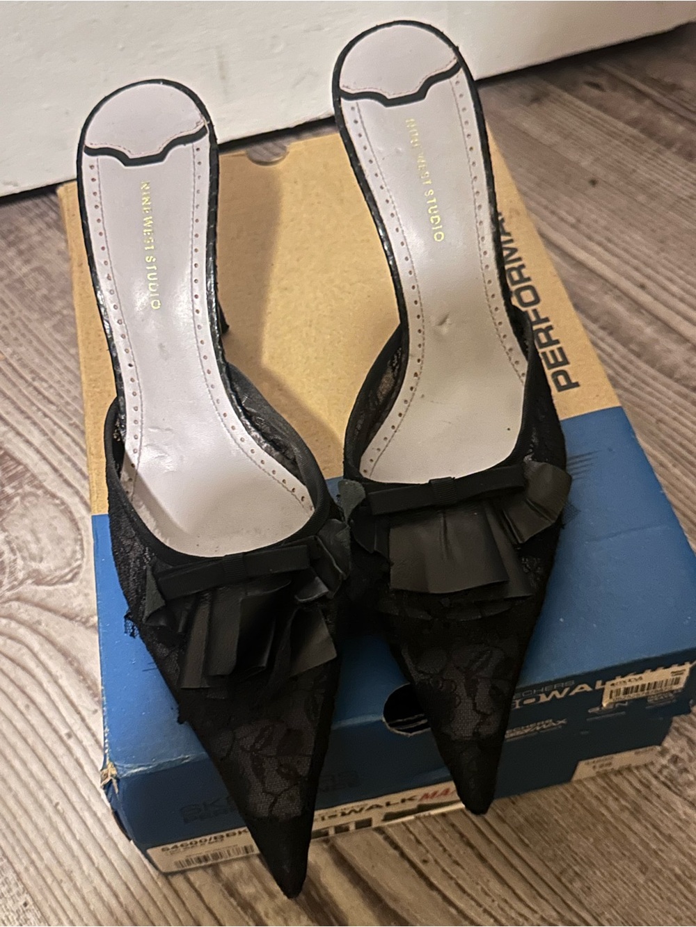 Nine West Black Pointed Lace Mule Heels with Ruffle Bow
